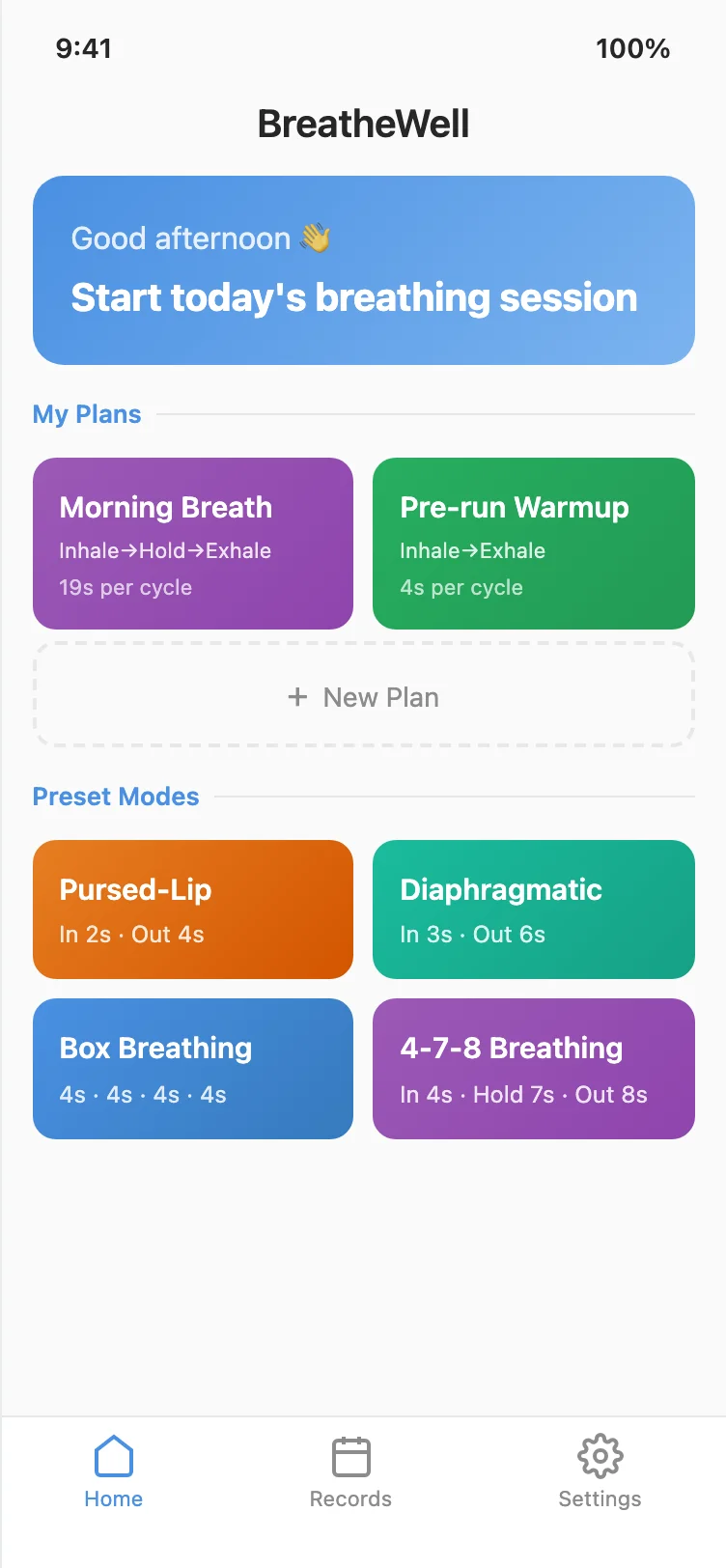 BreatheWell home screen